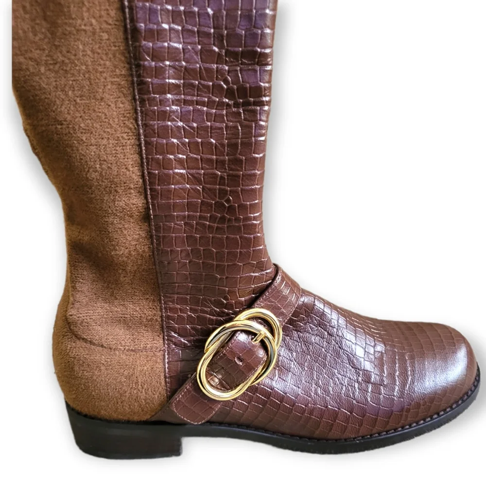 Stuart Weitzman Siella Leather Croc Embossed Riding Boots Gold Buckle 6